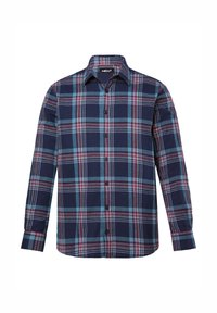 Camicia a maniche lunghe da uomo in plaid blu navy, con accenti turchese e bordeaux, dotata di colletto classico e texture del tessuto.
