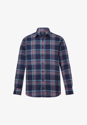 Herren Langarmhemd mit Knöpfen in navyblauem Karo, mit türkisfarbenen und burgunderroten Akzenten, klassischem Kragen und Stoffstruktur.