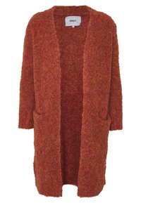 Czerwona dzianinowa kardiganka z otwartym przodem, długimi rękawami i dwoma przednimi kieszeniami. Teksturowana powierzchnia wykonana z puszystego materiału.