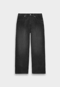Black corduroy wide-leg pants with a textured surface, featuring five pockets, a button closure, and a straight cut.