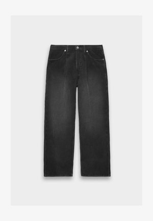 Svarte corduroy bukser med vide ben og teksturert overflate, med fem lommer, knappelukking og rette ben.