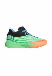 Scarpa sportiva verde e nera con design ondulato, lacci blu e suola arancione. Presenta una superficie liscia e un colletto imbottito per il comfort.