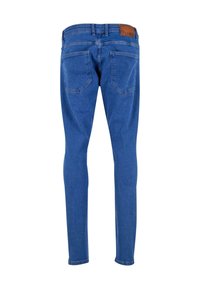 Modré džíny skinny s středním pasem, s koženou nášivkou na zadní straně, pěti kapsami a vyšitými detaily.