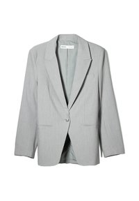 Jasnoszara marynarka z wyciętym klapą, pojedynczym zapięciem na guzik i dwoma przednimi kieszeniami. Gładka faktura i dopasowany krój. Nie widać podszewki.