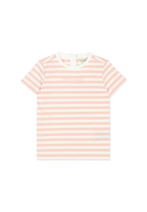 T-shirt a maniche corte per bambino piccolo con morbide strisce orizzontali rosa e bianche e un sottile dettaglio del logo frontale, scollo rotondo, chiusura con bottoni sul retro.