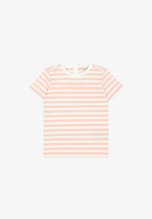 T-shirt a maniche corte per bambino piccolo con morbide strisce orizzontali rosa e bianche e un sottile dettaglio del logo frontale, scollo rotondo, chiusura con bottoni sul retro.