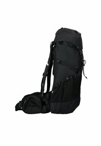 Zaino nero con spallacci regolabili, tasche in rete e una finitura testurizzata. Presenta una chiusura superiore e una regolazione laterale per un deposito sicuro.