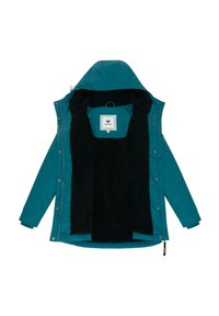 Giacca impermeabile color turchese con fodera in pile nera, dotata di cappuccio, chiusure a bottone a pressione e un gancio per appenderla sul colletto.