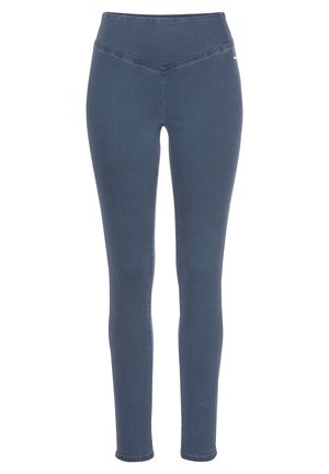 Dunkelblaue Leggings aus einem denimähnlichen Material, mit hoher Taille und einer glatten Textur ohne bemerkenswerte Muster oder Akzente.