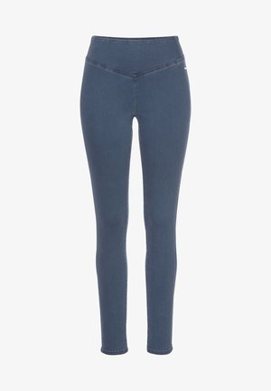 Dunkelblaue Leggings aus einem denimähnlichen Material, mit hoher Taille und einer glatten Textur ohne bemerkenswerte Muster oder Akzente.