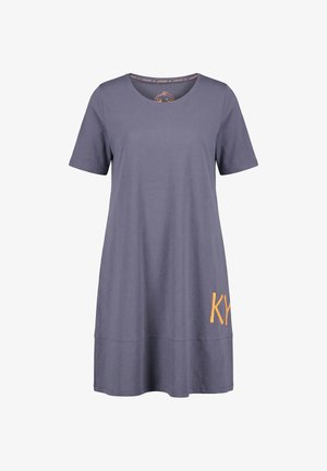 Kortærmet, knælængde løs grå kjole med rund halsudskæring og orange delvis tekst "KY" nær kanten på højre side.