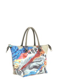 Borsa a tracolla in tela con dettagli in pelle grigia, caratterizzata da un motivo astratto colorato in blu, rosso e arancione. Due manici corti e chiusura con zip.