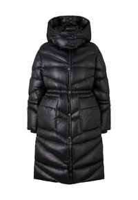 Black puffer coat with a high collar, button closures, and a cinched waist. Features quilted panels and large front pockets. Smooth, shiny texture.