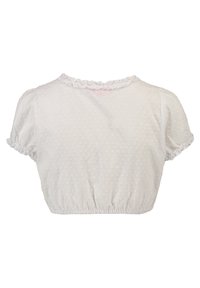 Bluză albă croptă dintr-un material texturat, cu un decolteu volanat și mâneci scurte tip balon. Prezentare a unui model mic de puncte pe întreaga suprafață.
