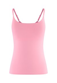 Różowa, bezrękawnikowa bluzka z cienkimi ramiączkami, wykonana z gładkiego materiału. Posiada dopasowany krój i okrągły dekolt.