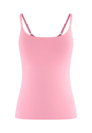 Top senza maniche di colore rosa con spalline sottili, realizzato in un tessuto morbido. Presenta un design aderente e un colletto rotondo.