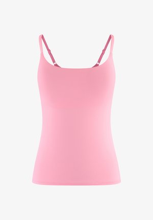 Top senza maniche di colore rosa con spalline sottili, realizzato in un tessuto morbido. Presenta un design aderente e un colletto rotondo.
