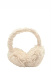 Căști pentru urechi din blană sintetică de culoare bej deschis, cu o textură moale și o bandă flexibilă pentru cap, oferind confort. Designul include acoperitoare rotunjite pentru urechi.