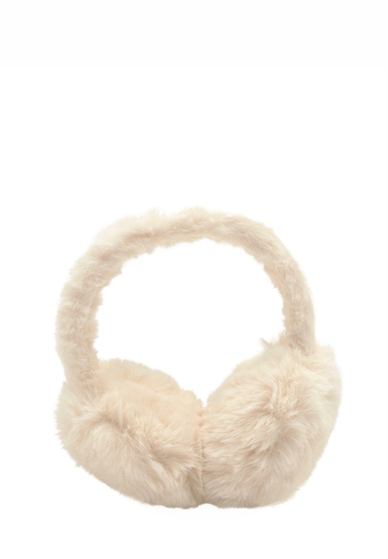 Căști pentru urechi din blană sintetică de culoare bej deschis, cu o textură moale și o bandă flexibilă pentru cap, oferind confort. Designul include acoperitoare rotunjite pentru urechi.