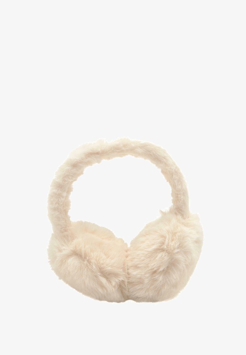 Căști pentru urechi din blană sintetică de culoare bej deschis, cu o textură moale și o bandă flexibilă pentru cap, oferind confort. Designul include acoperitoare rotunjite pentru urechi.