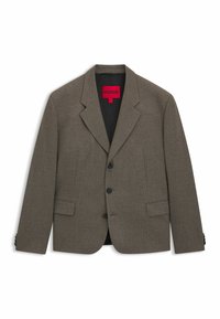 Brown tailored blazer with a notched lapel, single breasted, featuring three buttons, two front pockets, and a smooth texture. Interior lining is black.
