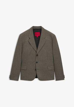 Brown tailored blazer with a notched lapel, single breasted, featuring three buttons, two front pockets, and a smooth texture. Interior lining is black.