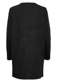 Cappotto nero texture con vestibilità ampia, scollatura rotonda e maniche lunghe. Il materiale presenta un motivo sottile e arriva fino a metà coscia.