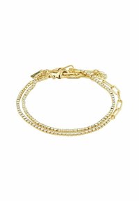 Bracelet doré comprenant deux chaînes entrelacées, l'une ornée de cristaux transparents, l'autre lisse. Les textures et les designs distincts se complètent.