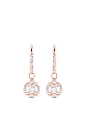Boucles d'oreilles en or rose avec un design circulaire, dotées d'une pierre centrale transparente, entourée de petites cristaux transparents sur la tige et l'anneau.