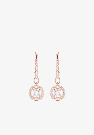 Boucles d'oreilles en or rose avec un design circulaire, dotées d'une pierre centrale transparente, entourée de petites cristaux transparents sur la tige et l'anneau.