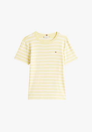 Gelb gestreites kurzärmliges T-Shirt aus weichem Material. Verfügt über horizontale weiße Streifen und ein kleines Logo auf der Brust. Rundhalsausschnitt.