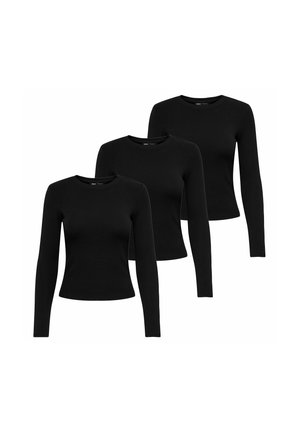 Drei langärmlige schwarze Oberteile aus Baumwollmischgewebe, mit einem Rundhalsausschnitt und einer figurbetonten Silhouette.