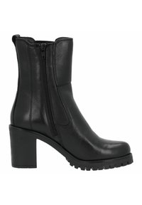 Black leather ankle boot with a side zip closure, chunky heel, and textured rubber sole featuring a rugged tread pattern.