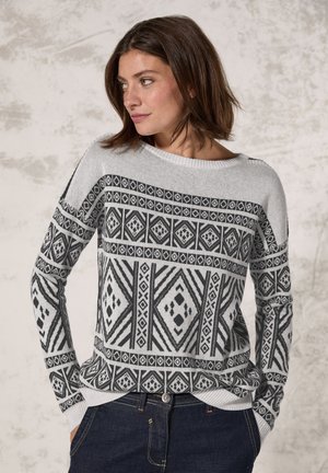 Pull gris avec des motifs géométriques noirs, col rond, manches longues et poignets côtelés. Tissu tricoté doux et coupe décontractée.