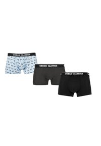 Drei Paare Herrenunterhosen: eine hellblaue mit einem Muster aus roten und schwarzen Formen, eine dunkelgraue und eine einfarbig schwarze; alle mit schwarzen Bündchen.
