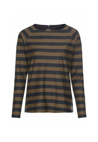 Langarmshirt aus weichem Stoff mit horizontalen Streifen in Dunkelblau und Braun, runder Halsauschnitt und lockerer Schnitt.