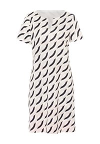 Korte mouwen jurk van lichte stof met een golvenpatroon in zwart en crème, met een subtiele V-hals en een ontspannen pasvorm.