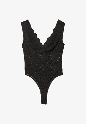 Bodysuit en dentelle noire avec décolleté festonné, motif floral et fermeture à pression au bas. Texture douce, design ajusté et dos ouvert.