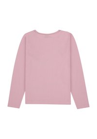 Camicia a maniche lunghe in morbido cotone rosa, con scollatura rotonda semplice e taglio dritto. Texture liscia, senza fantasie o decorazioni.