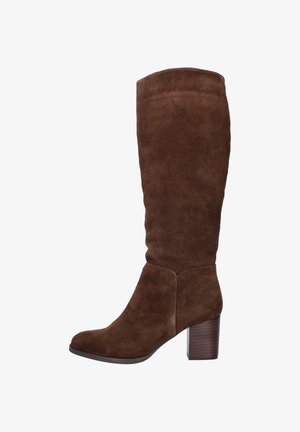 Brown suede knee-high boot with a square toe and a dark wooden block heel. Smooth texture and sleek design with minimal stitching details.