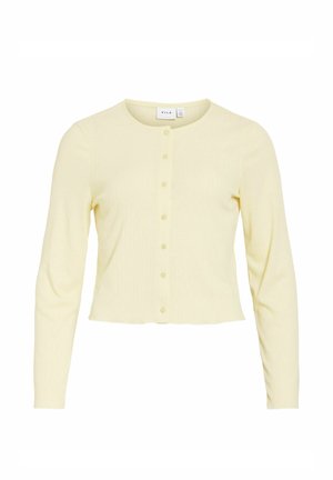 Cardigan côtelé jaune pâle à manches longues avec encolure ronde et fermeture boutonnée à l'avant, longueur crop et petite étiquette de la marque à l'intérieur du col.