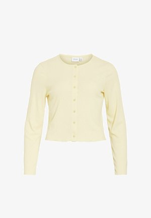 Cardigan côtelé jaune pâle à manches longues avec encolure ronde et fermeture boutonnée à l'avant, longueur crop et petite étiquette de la marque à l'intérieur du col.
