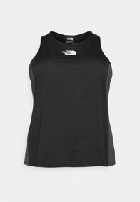 Zwarte tanktop van lichtgewicht stof met een ronde halslijn, lichte zijsplitten en het logo van The North Face op de borst.