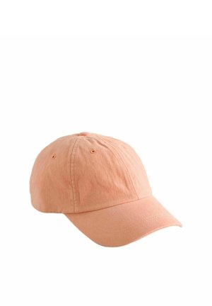 Peach cotton baseball cap with a curved brim, six-panel design, ventilation eyelets, and stitched accents on the visor.