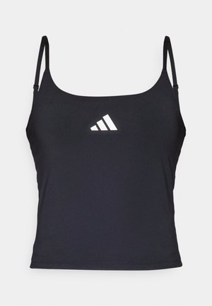 Top atletico nero senza maniche con spalline sottili, caratterizzato da un logo Adidas bianco sul davanti. Tessuto liscio con un design aderente.