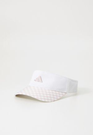 Casquette blanche avec un bord à motif vichy en rose clair, arborant un logo brodé sur la bande. Tissu léger.