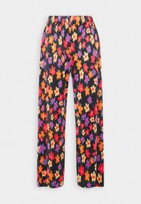 Pantalon noir à jambes larges avec un motif floral coloré en rouge, orange, violet et crème, doté d'une taille élastique et d'une texture de tissu plissée.