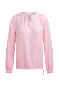 Helles rosa Langarmbluse mit runder, gespaltenem Ausschnitt, geknöpften Manschetten und Kordelzugdetails am Saum.