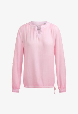 Helles rosa Langarmbluse mit runder, gespaltenem Ausschnitt, geknöpften Manschetten und Kordelzugdetails am Saum.