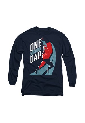 Navy long-sleeve t-shirt featuring a red superhero design with the text "One Strong Dad" in bold white and teal, set against a light texture.